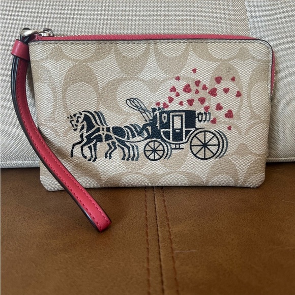 COACH Corner Zip Wristlet In Signature Canvas With Horse & Carriage Hearts Motif - Picture 4 of 15